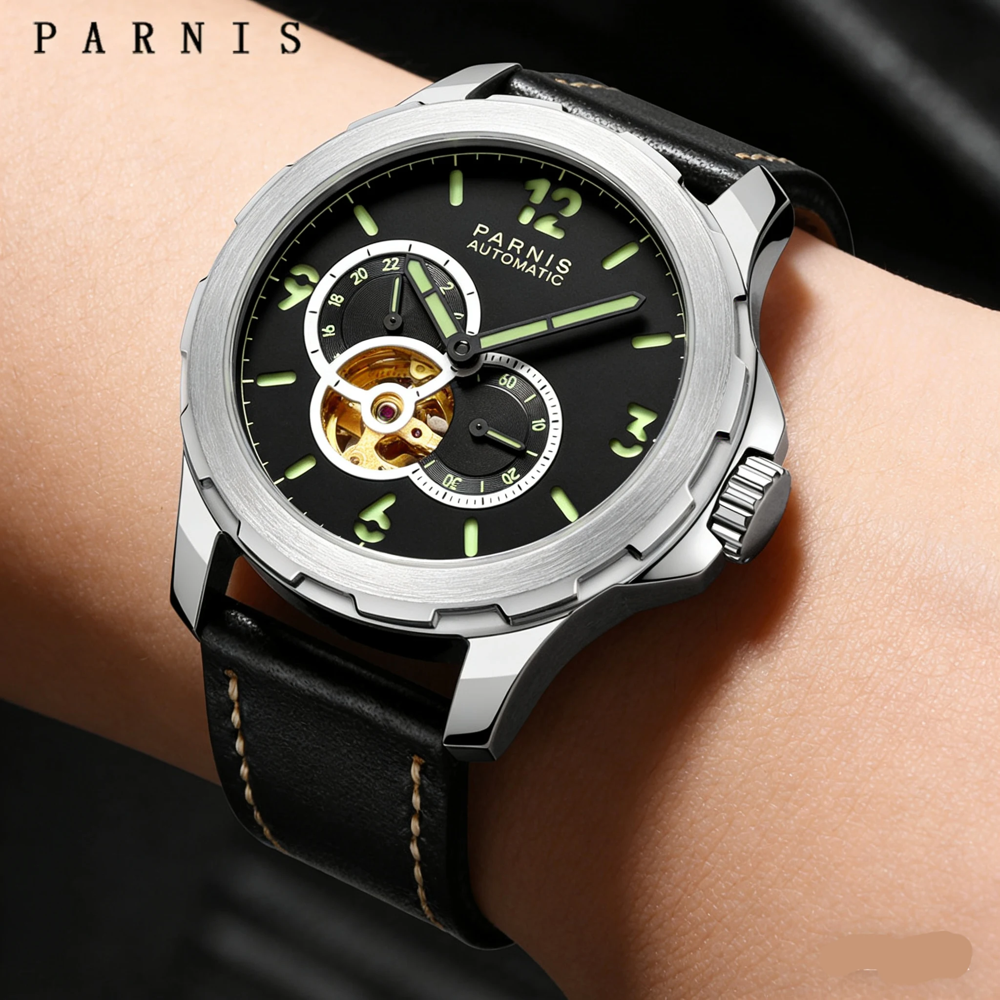 

Модные мужские механические автоматические часы Parnis с турбийоном, 44 мм, с зелеными цифрами, кожаным ремешком, спортивные часы, подарок, reloj hombre