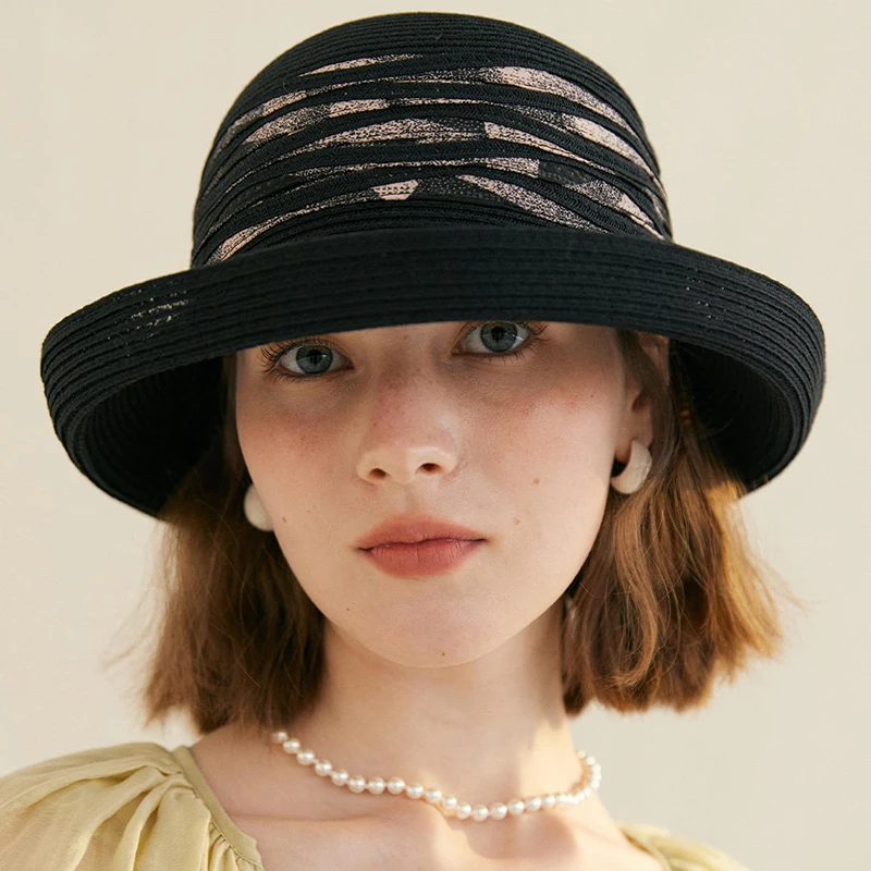 Luna&Dolphin French Style Women Summer Sun Hat Gradient Grass Straw Hat Brimmed Bucket Hat Temperament Flat Collapsible Outdoor