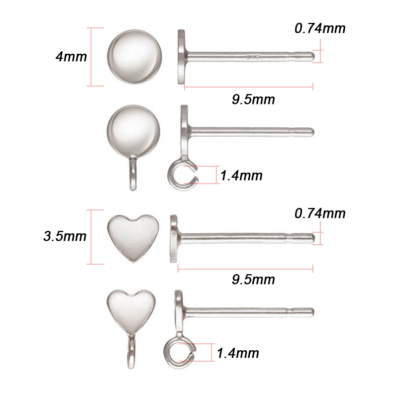 925 Sterling Silver 4mm Round Disc/Heart Post Earring  Loop Ear Components Wholesale Jewelry Findings