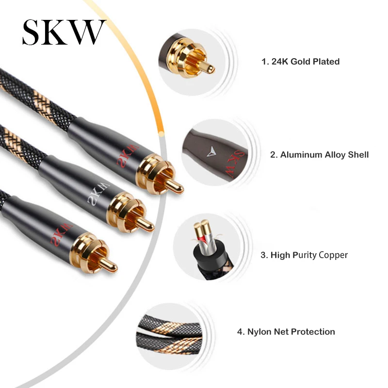 SKW Audio Cable 1 RCA To 2 RCA 1M 1.5M 2M 3M 5M For Home Theater DVD Amplifier Multimedia MP3 / MP4 Player Speaker