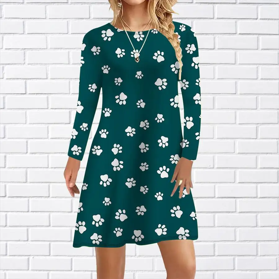 เดรสลายรอยเท้าแขนยาวสำหรับผู้หญิง สไตล์ลำลอง ออกงาน ฤดูใบไม้ร่วง ฤดูหนาว คอกลม ทรงหลวม ทรงเอ ไซส์ใหญ่ เดรสฤดูใบไม้ผลิสำหรับผู้หญิง