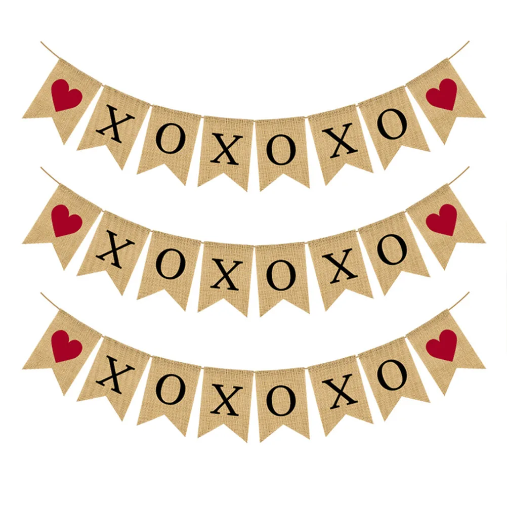 

Valentines Day Banner Swallowtail Bunting Heart Pattern Linen Party Decoration Supplies Wedding Burlap Festive Atmosphere