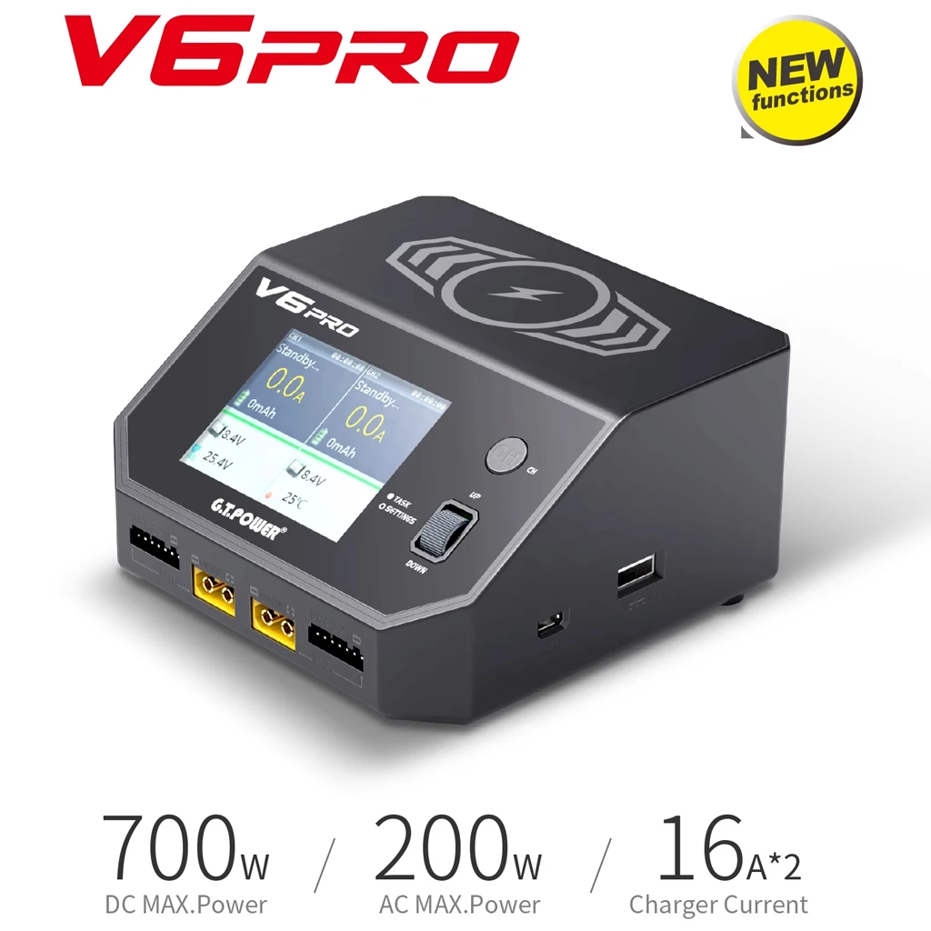 

GT.POWER V6 Pro AC/DC Dual-Channel Intelligent Balance Charger Discharger 700W 32A For LiPo/LiFe/LiIon/LiHV/NiMH/NiCd Batter