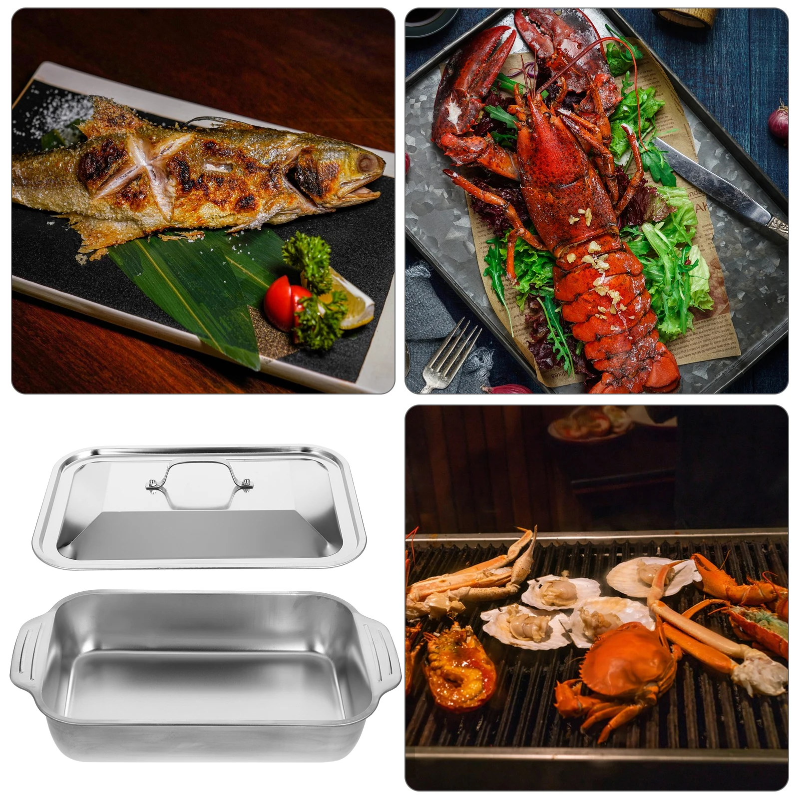 

1 set Stainless Steel Grilled Fish Plate 41x24x7 5CM Deep Rectangle Roasting Pan BBQ Casserole Dish Lid Kitchen Tools