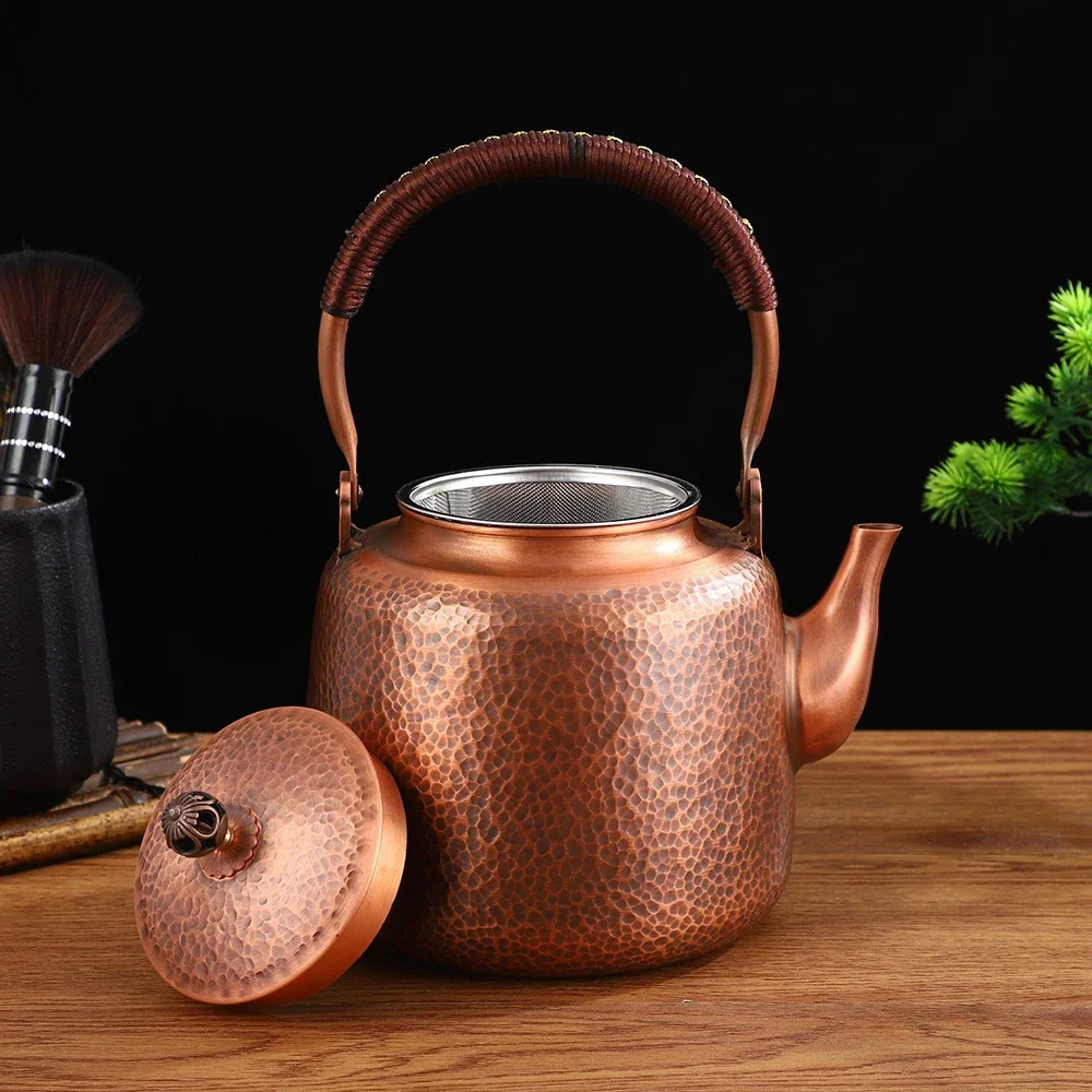 Chinese style copper tea kettle with strainer, Handmade red copper teapot, Large capacity boiling water kettle, 2200ml