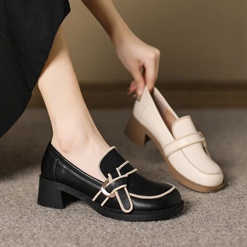 

2024 Spring New Platform Shoes for Women Genuine Leather Chunky Heels Casual Shoes Girl Fashion Slip-on Loafers