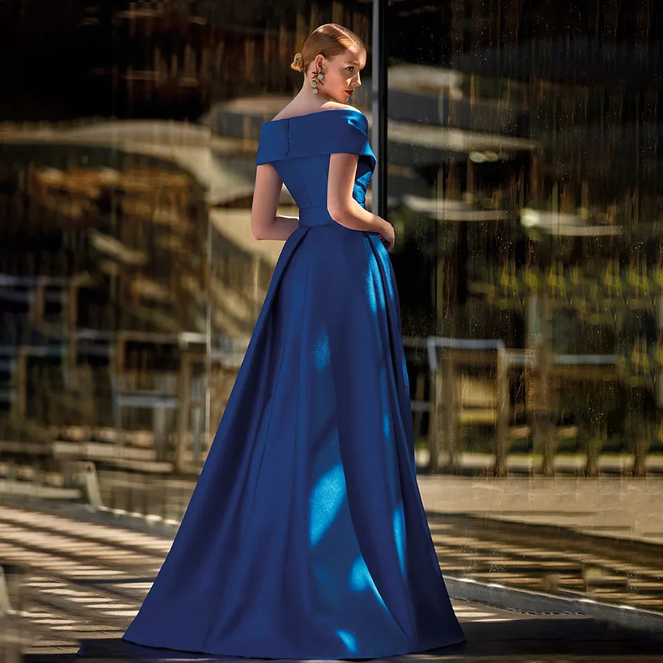 Elegancka suknia wieczorowa Royal Blue A-Line Formal Evening Dress 2025 Off The Shoulder Satin Lace Appliques Floor Length Party Prom Gown For Women