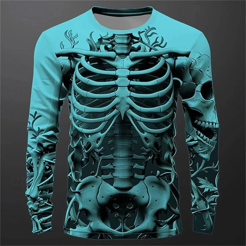 3D Print Skeleton Skulls Pattern T Shirts Men Long Sleeve Casual Fashion T-shirt Top Sweatshirt Breathable Streetwear Loose Tees