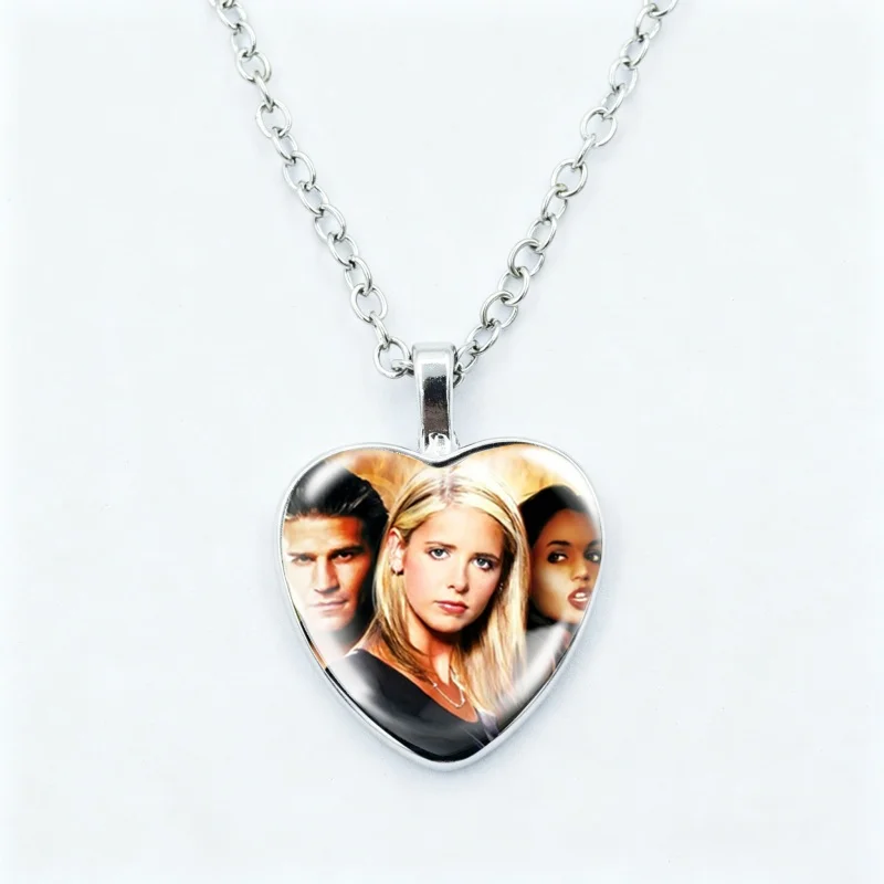 Horror TV Series Buffy The Vampire Slayer Necklace Glass Dome 25MM Heart Shape Pendant Necklace Jewelry Charm Fans Gift