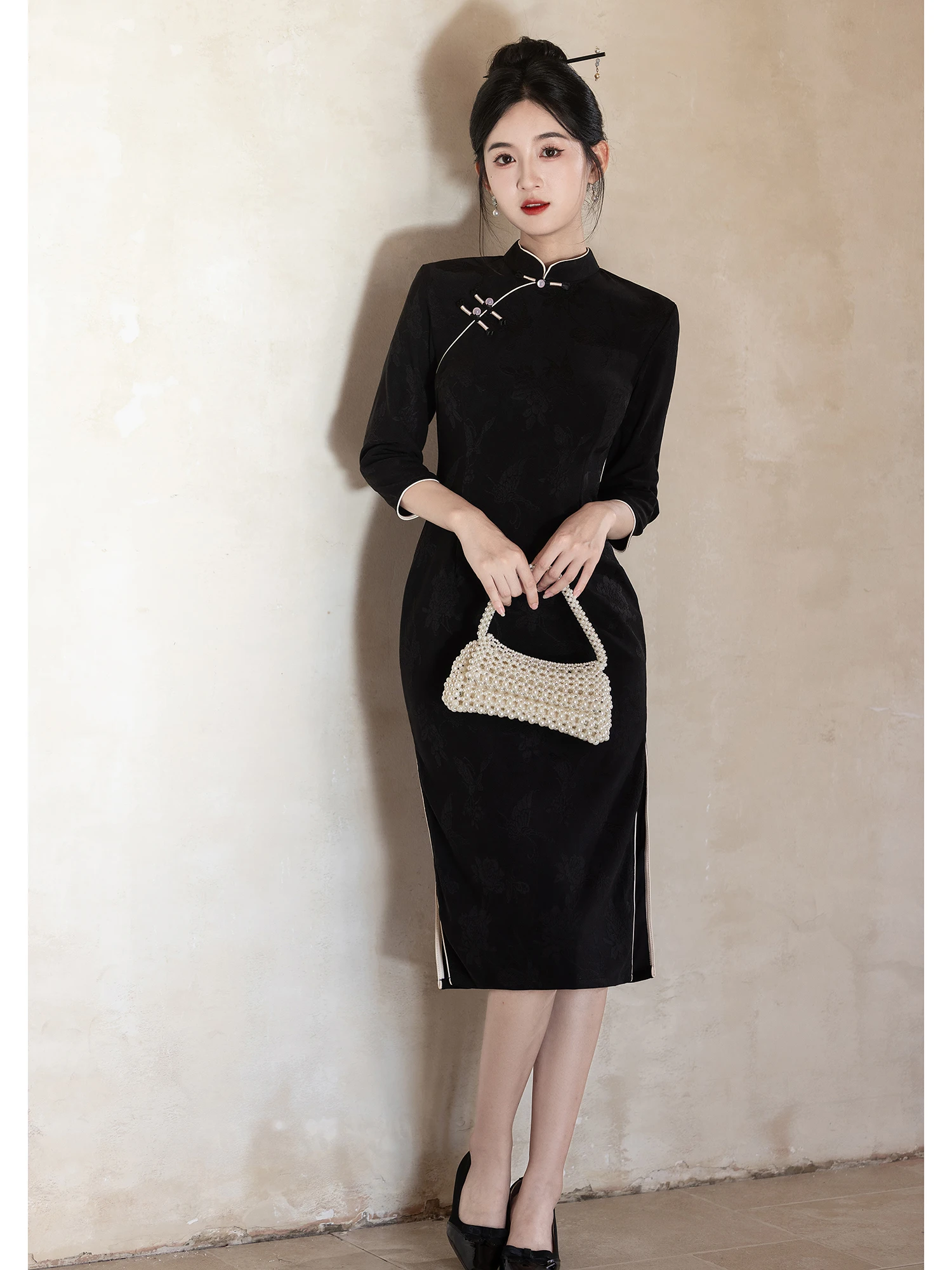

Bla Dr Retro Sle Long Sve Daily Wear Women's Faionable Chinese National Sle ort Size Available