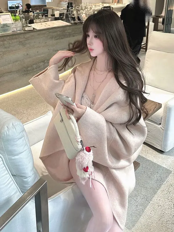 

Корейское двустороннее шерстяное пальто: нежное, свободного кроя, красивое, уникальное, модное зимнее верхнее одеяние для женщин