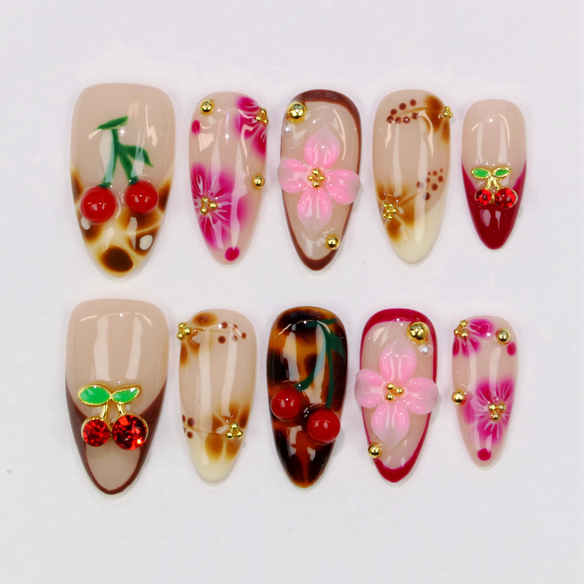 

10 шт. Y2K ручная роспись вишневый пресс для ногтей, 3D акриловый металлический кристалл, индивидуальный дизайн, свободный стиль, миндальный пресс, праздничные ногти