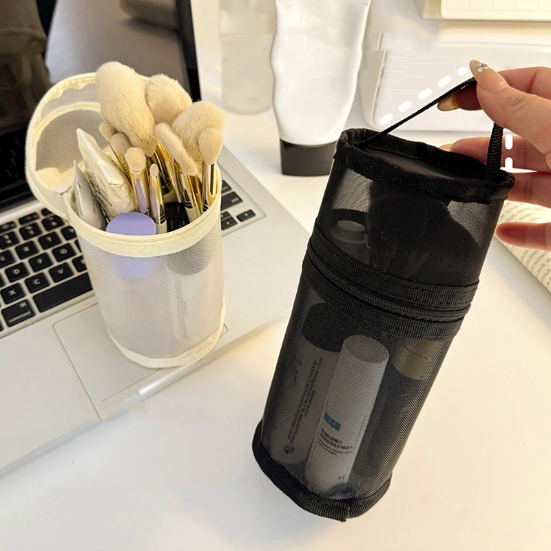 Mesh Dual-use Makeup Brush Storage Bag Portable Brush Case Simple Large Capacity Brush Bucket Holder Travel Stand-up Pouch
