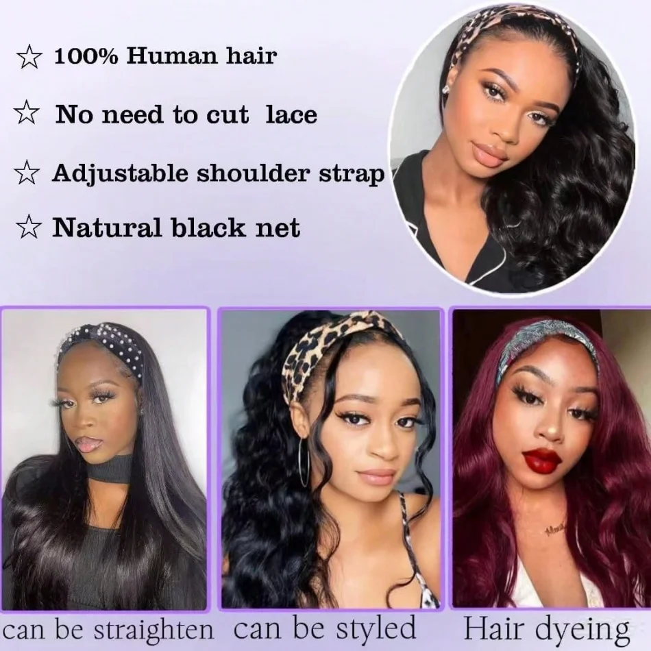 Headband Wig Human Hair Body Wave 16 Inch Glueless None Lace Front Wig Brazilian Virgin Hair Wear And Go Wigs For Women 200% Density Wigs Natural Black Color - view 5
