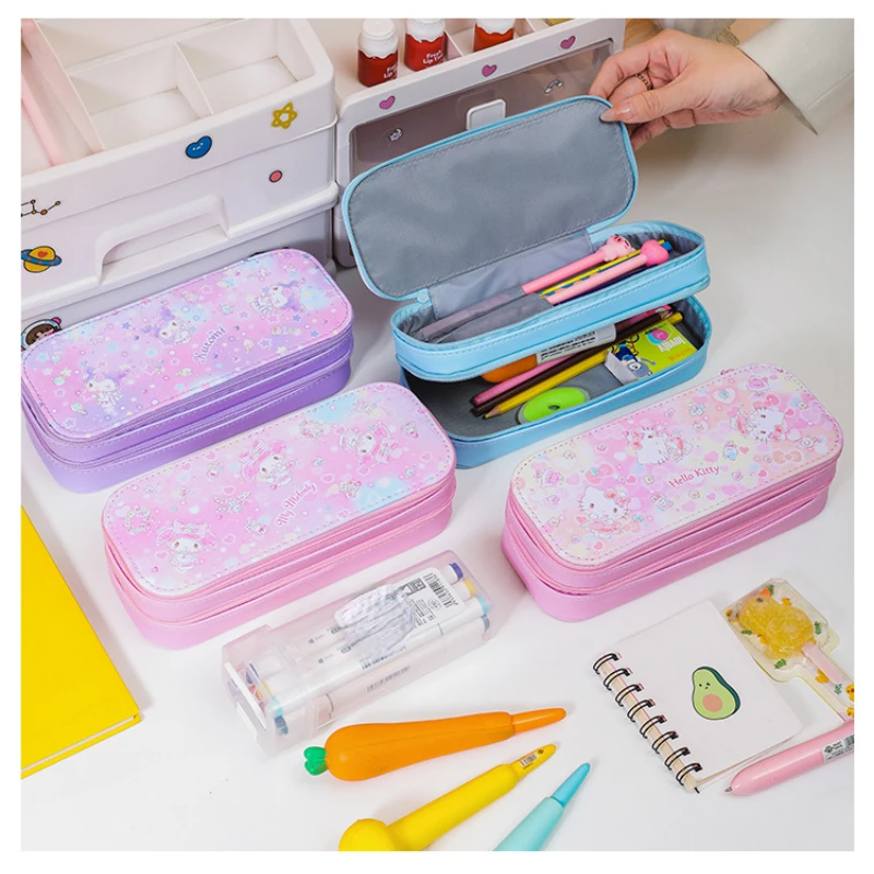 Sanrio Kuromi MyMelody HelloKitty Pencil Case Cartoon Double layer PU Leather Large Capacity Storage Bag School Supplies Gifts