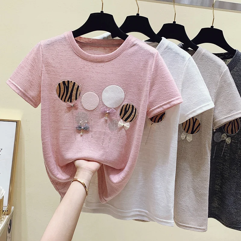 Chic Applique Women Cotton T-Shirt Short Sleeve Shining Rhinestone Tees Female O-Neck Bow Fashion Pink Streetwear Girl Tops