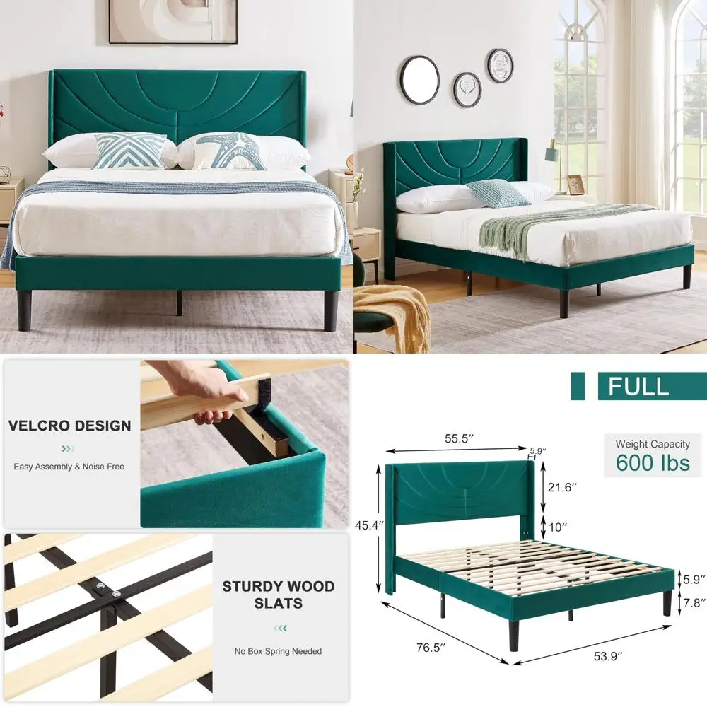 

Upholstered Platform Bed Frame with Fabric Headboard, Wooden Slat Support, No Box Spring Needed, Mattress Foundation