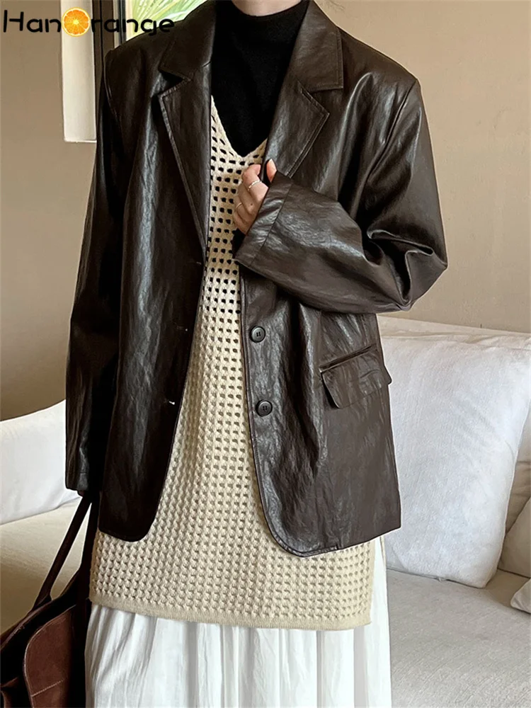 

HanOrange 2025 Niche Do Old PU Jacket Women 2025 Autumn PU Blazer Coffee/Black