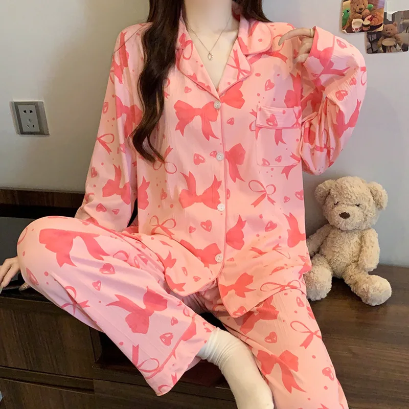 

Sweet Wind Bow Pajama Girl's Dreamy Full Print Style Long Sleeve Pants Internet Celebrity Spring and Autumn Home Clothes Outdoor