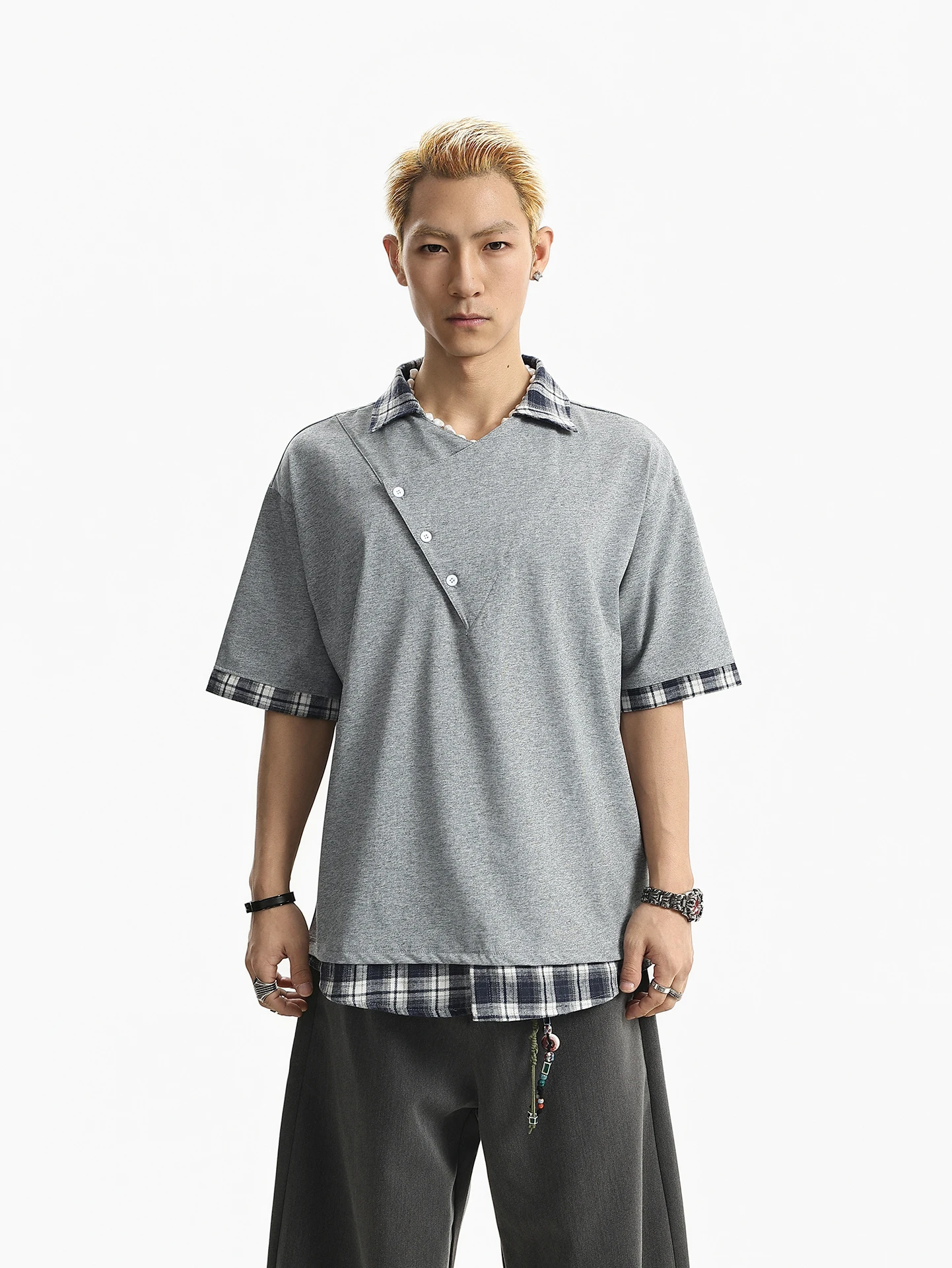 

BETEBULE American Retro Plaid Patchwork Collar Short Sleeve Men's T-shirt Summer Loose Cool Top Breathable Comfortable Youth ...