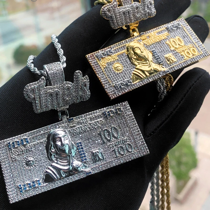 

Hip Hop 3A+ CZ Stone Paved Bling Iced Out 100 Dollars Square Pendants Necklaces for Men Rapper Jewelry Gold Silver Color