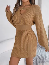 Women Autumn Winter New Style Solid Color Fried Dough Twists Sexy Cut Out Fashion Lantern Sleeve Round Neck Hip Wrap Wool Dress