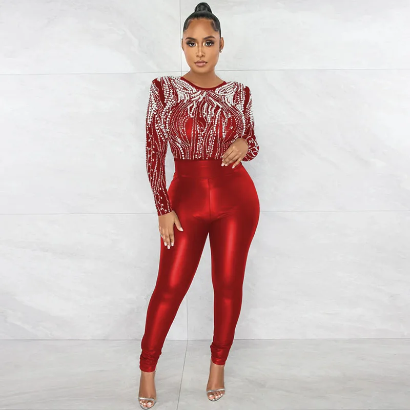 

New Design Pearls Rhinestone Jumpsuit Birthday Outfits for Women Elegant Long Sleeve Sheer Mesh Patchwork One Piece Romper Body