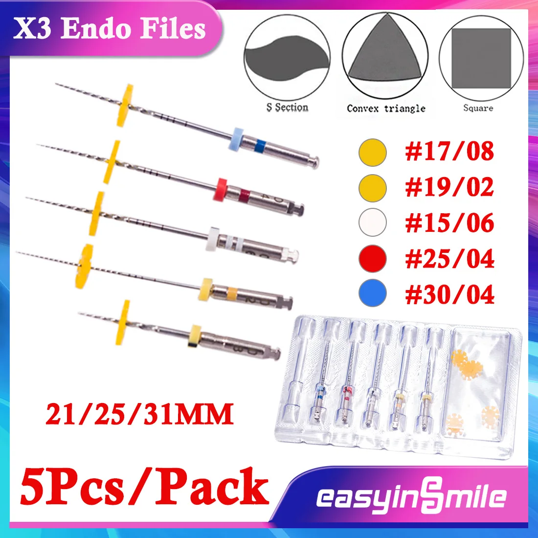 EASYNSMILE Dental X3 Endo Rotary Files Endodontic NITI Root Canal Curval Files 21/25/31mm Engine Tips