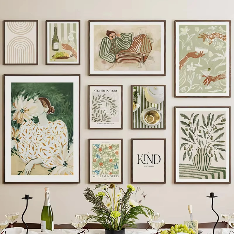 Póster de Arte Moderno Abstracto con Rayas Verdes, Arte Retro Fresco y Vintage, Pintura en Lienzo para Decoración de Dormitorio, Sala de Estar y Hogar