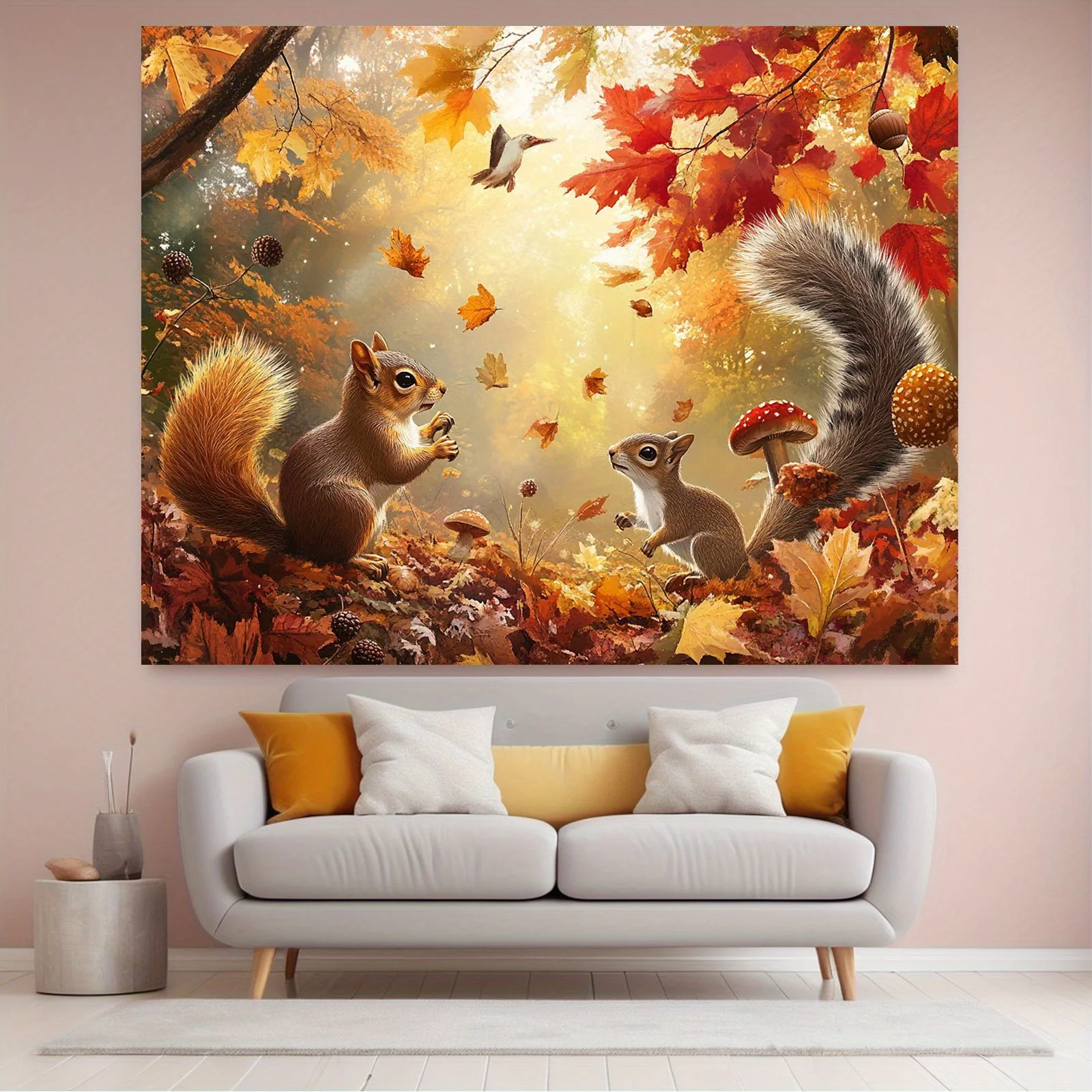 1 bannière de fond cachette de forêt d'automne tranquille - Scène d'automne vibrante de feuilles tombées, écureuils, champignons et châtaignes