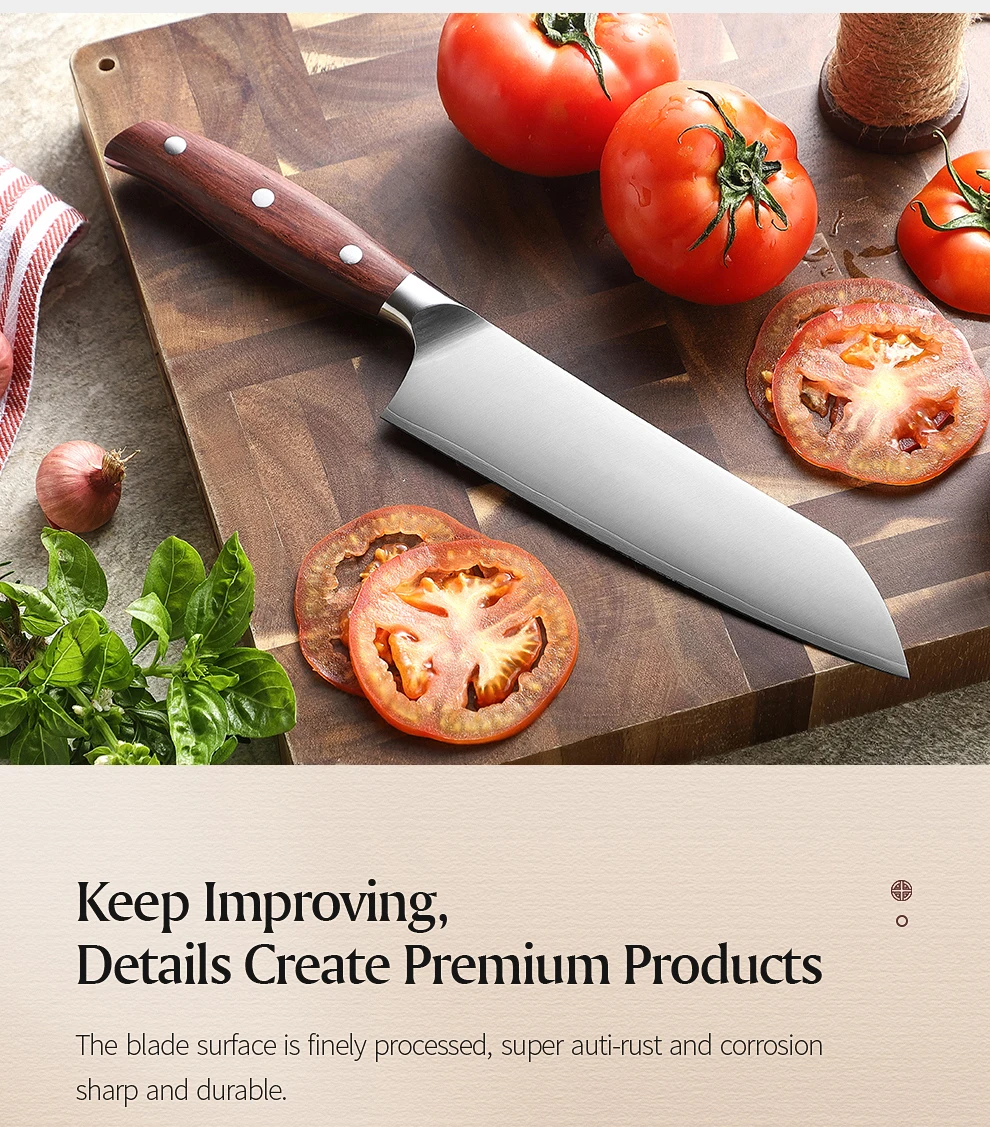 XINZUO Hochwertiges Edelstahl 7,2'' Santoku-Messer 3-Schicht-Verbundstahl Schneidemesser Küchenmesser mit Rotem Holzgriff – Detail 5