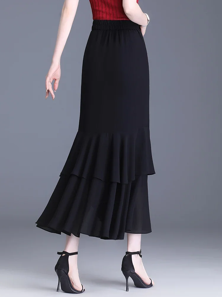 Fashion Irregular Fishtail Chiffon Skirts Elegant High Waist Summer Luxury Party Skirt Female Ruffles Long Skirts