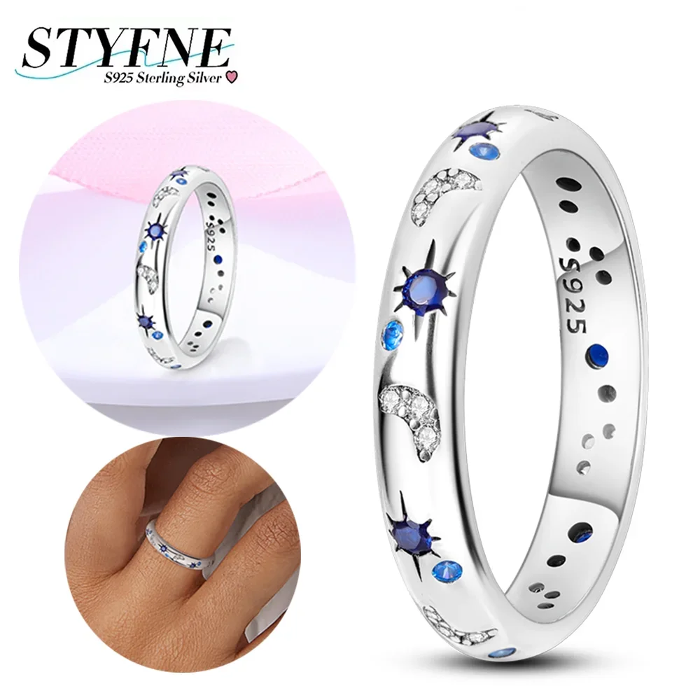 

925 Silver Original Bright Starry Sky Stars Moon Colored Zircon Ring Trend Jewelry Exquisite Birthday Anniversary Gift for Women