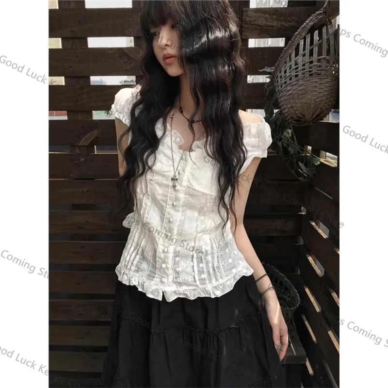 

Korean Sle Sweet Bubble Sve Button ort Sve irt Pure Desire Slimming Versatile White Top Summer Women's Faion