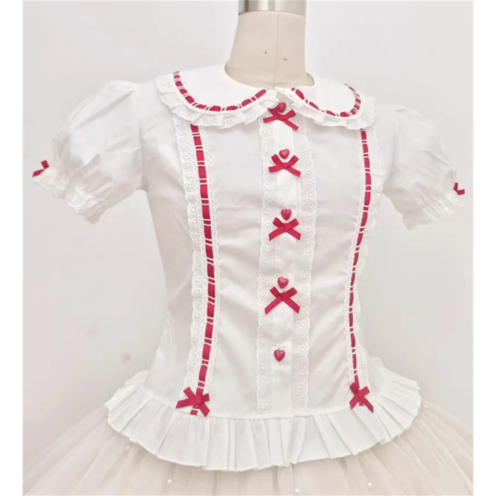 Preppy Stijl Leuke Peter Pan Kraag Kanten Ruches JK Shirts Lolita Shirt Vrouwen Boog Slanke Blouses Meisje Bladerdeeg Mouw Blusas Mujer Tops