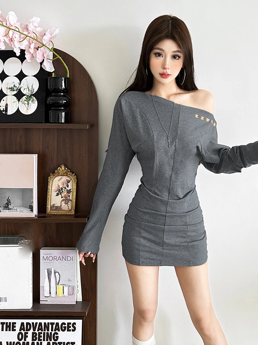 Women's Retro Off-the-shoulder Long-sleeve T-shirt Dress Gray Sexy Slim Bodycon Midi Dress Autumn Casual Versatile Office Outfit
