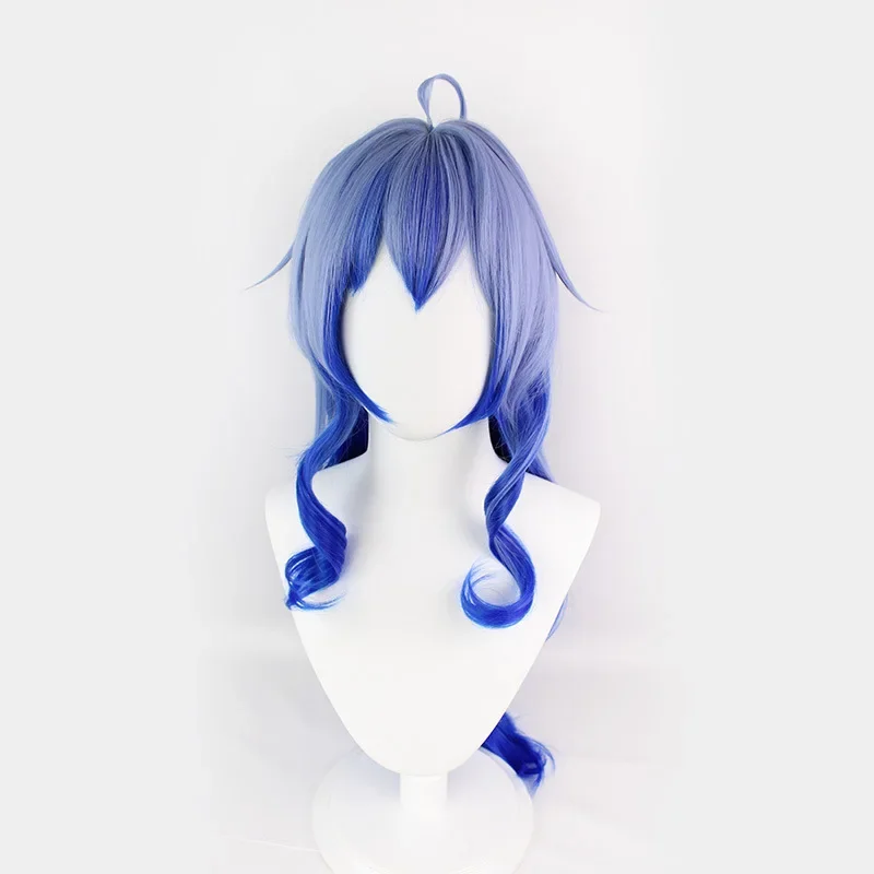 Peluca rizada de god Ganyu para mujer, pelo largo y original con degradado azul, ideal para fiesta de disfraces, Halloween y Navidad