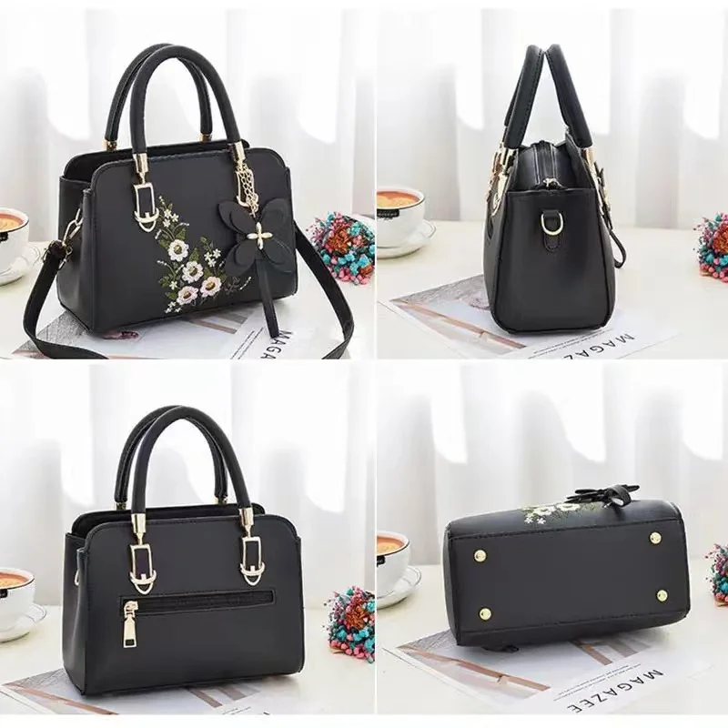 Luxury Embroidered Handle Bags for Women PU Leather Shoulder Crossbody Bag High Quality Messenger Handbag Middle-aged Mommy Bag