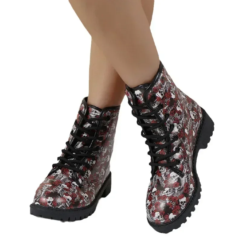 Women\'s Printed Short Boots Autumn/Winter New Fashion Skull Head Printed Comfortable Casual Shoes Luxury Travel Durable