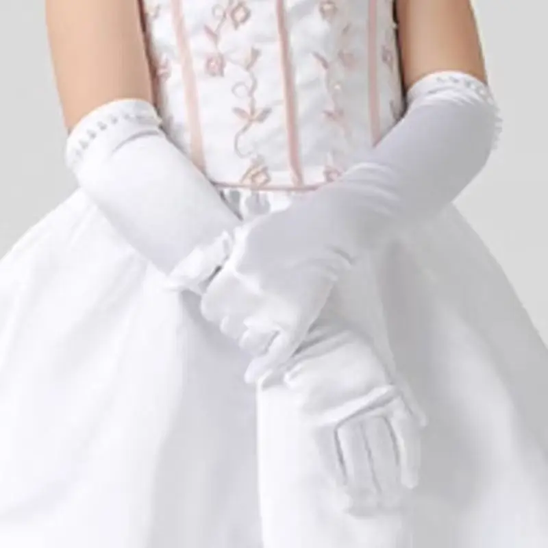 Gloves Girls Satin Pearl White Full Finger Long Flower Girl Wedding Dance Performance Child Size Soft Lightweight Elegant Daily