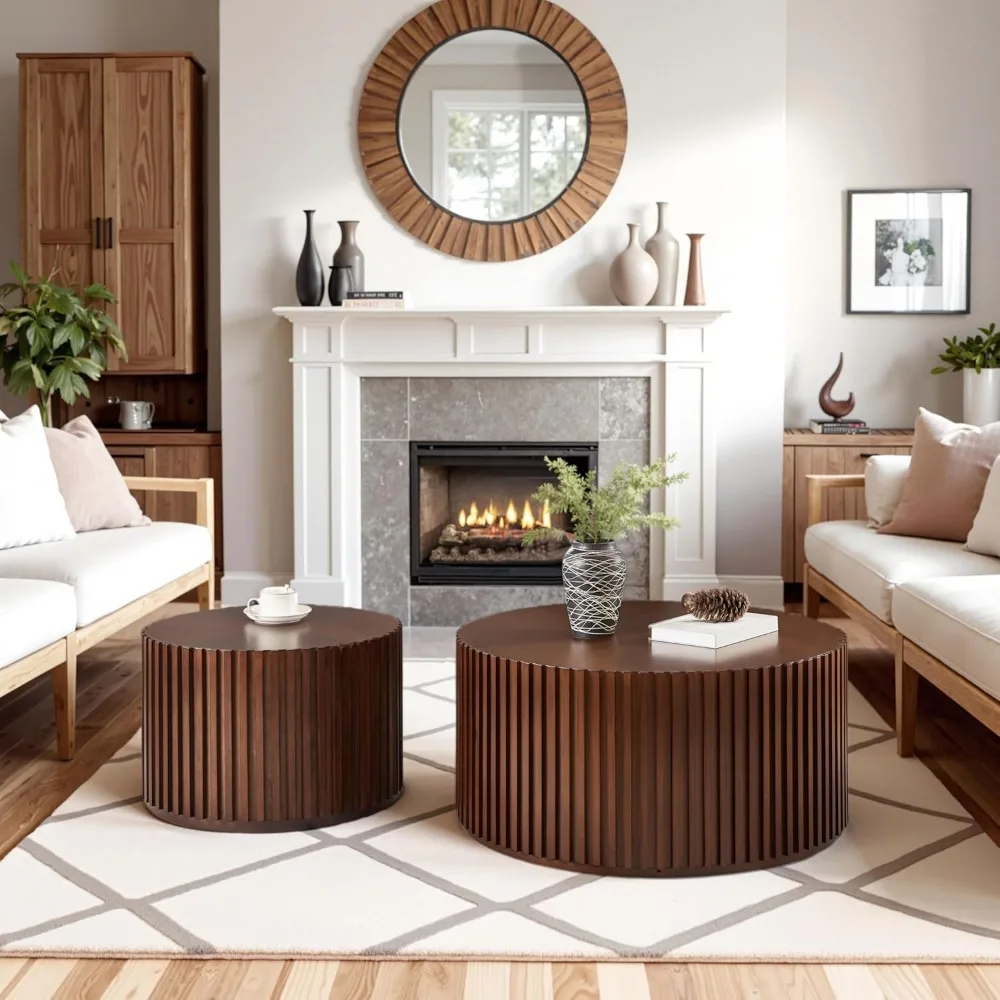 Набор круглых деревянных журнальных столиков из 2 шт., боковой столик ручной работы для гостиной, современный круглый деревянный кофейный столик