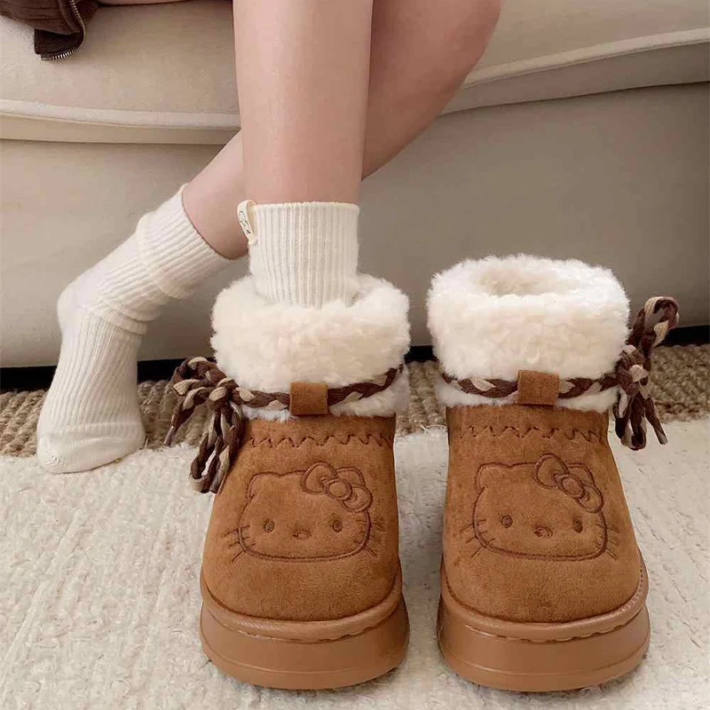 New Hello Kitty Snow Boots Anime Sanrio Y2K Women Thick Soled Non Slip Winter Cotton Boots Cute Girls Warm Cotton Shoes Gifts