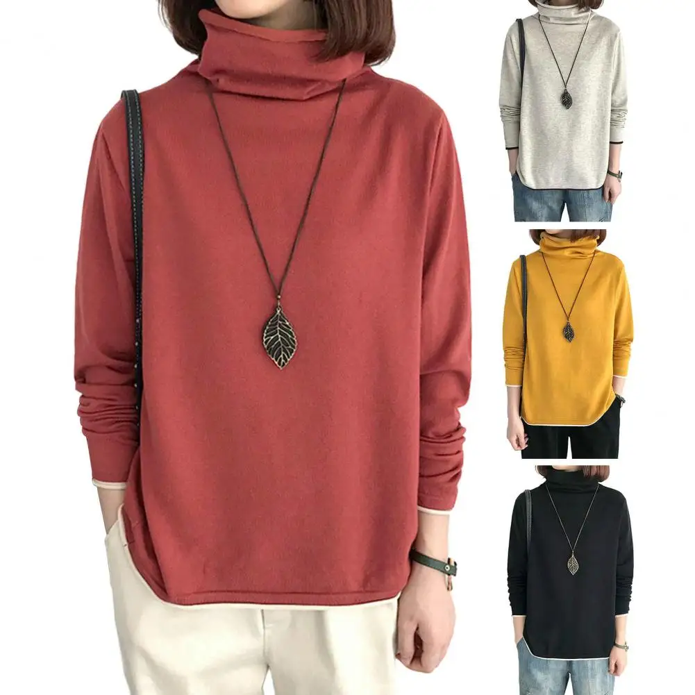 Super-soft Polyester Women Tops Stylish Pile Collar Turtleneck Long Sleeve T-shirts Fashionable Autumn Winter for Women