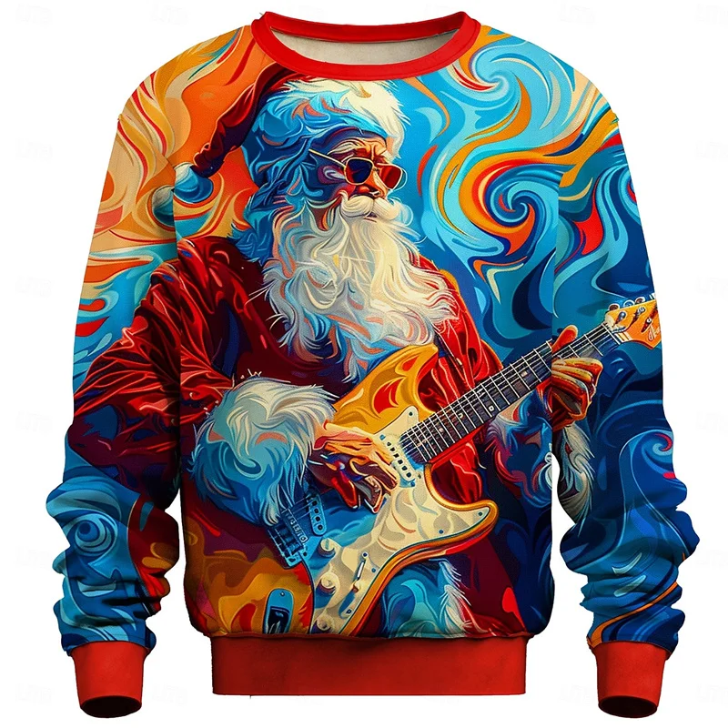 3D Printed Fun Christmas Sweatshirt For Men Music Motorcycle Santa Claus Pattern Pullover Casual Round Neck Long Sleeve Hoodies