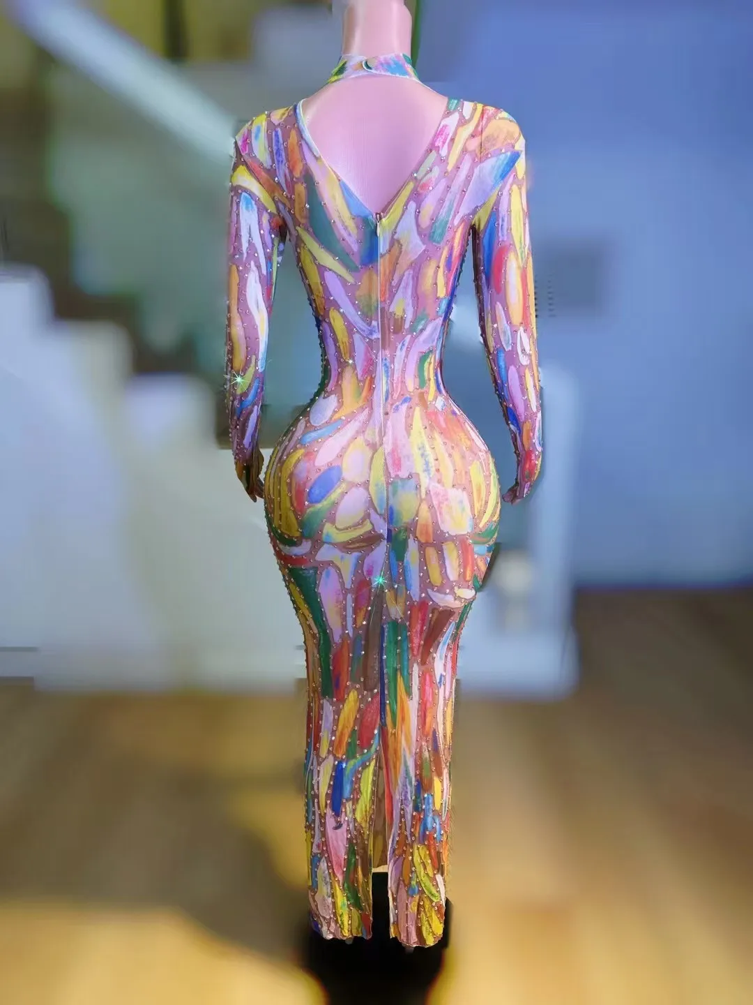 Cheongsam de cantante de cumpleaños para mujer, disfraz elegante de PromQueen, vestido de noche de Drag Queen, vestido Sexy de manga larga con pintura elástica A980
