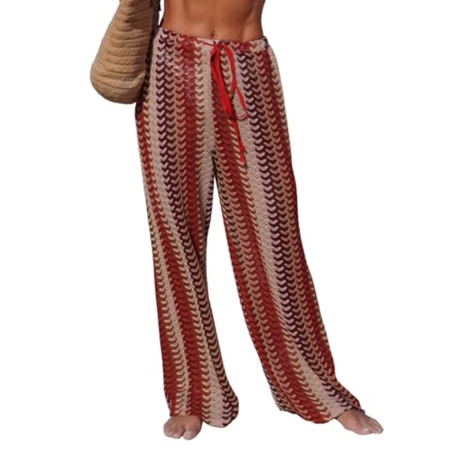

ZAFUL Womens Beach Cover Up Pants Sexy Crochet Drawstring Elastic Boho Swimsuit Cover Up Long Pants Beach Wear