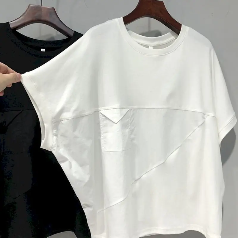 Oversized T Shirts Women Solid Color Patchwork Short Sleeve T-shirt 2024 Summer Trend Loose Casual Bat Sleeve T Shirt Design Top