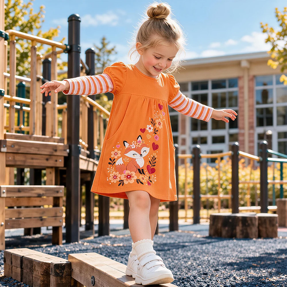 DXTON Girls Autumn Dress Fox Floral Heart Print Baby Kids Fake Two Clothing Cotton Striped Children Casual Dresses with Pockets