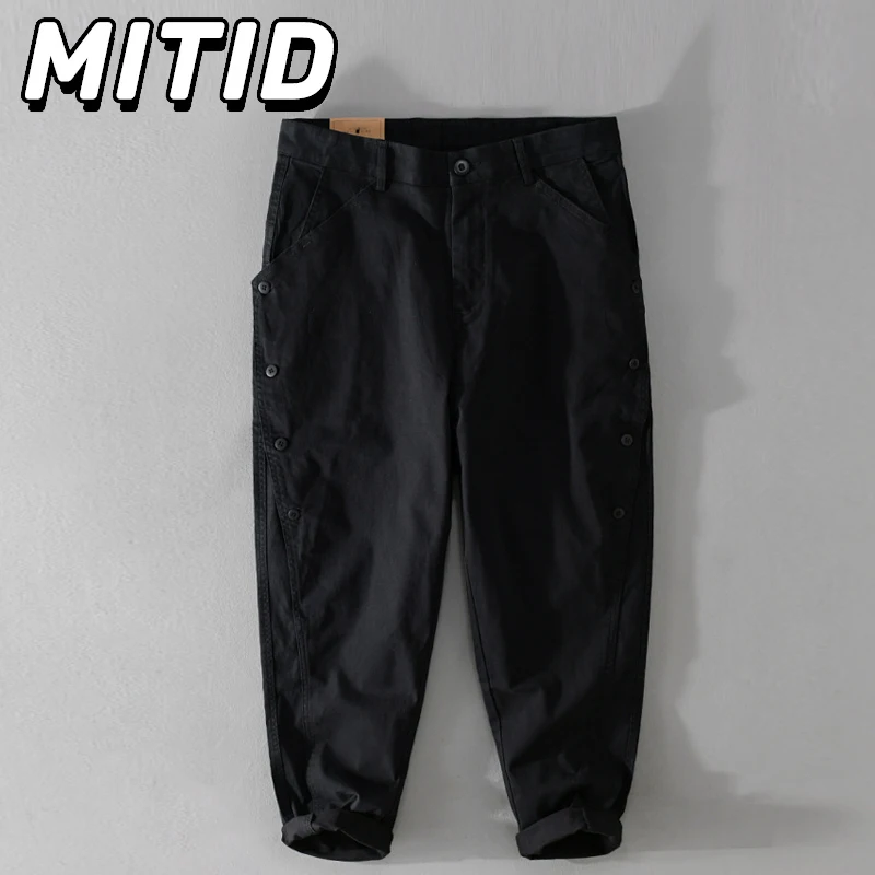 

American Black Cargo Pants Men Streetwear Casual Full Length Baggy Pants Cotton Button Designer Pants Youth Fashion Trousers Man