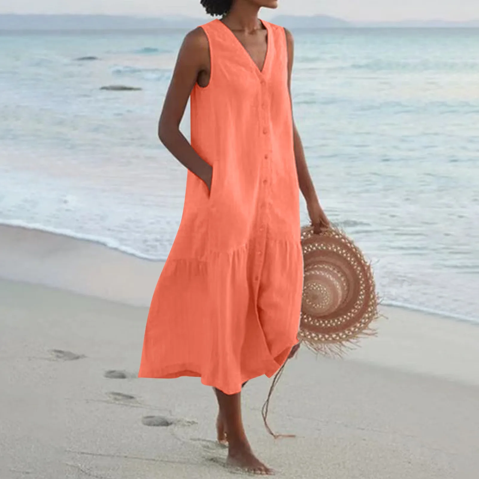 

Summer Dress Women Sleeveless V-neck Long Dresses Casual Buttons Down Loose Beach Holiday Dresses Female Clothing